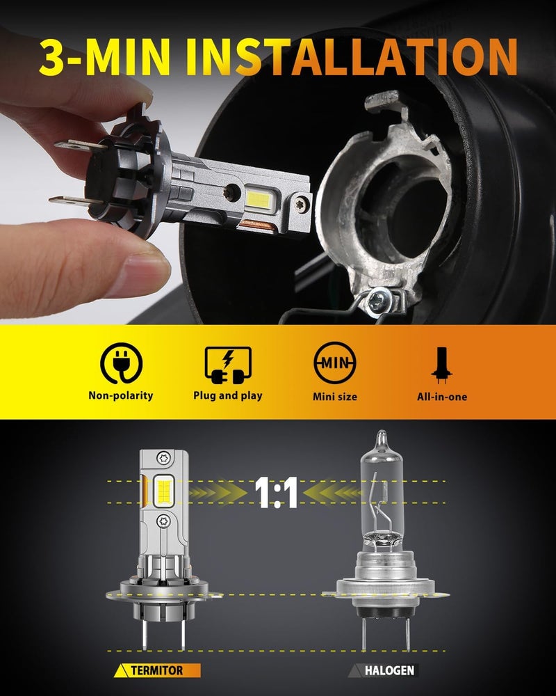 Termitor Latest H7/H7LL Bulbs, 50,000LM 900% Brightness, 6500K White Super Bright, 1:1 Halogen Size, 6500 Cool White H7 Fog Lights, No Adapter Required, Easy Install, Non-Polarity, Pack of 2 - Image 3